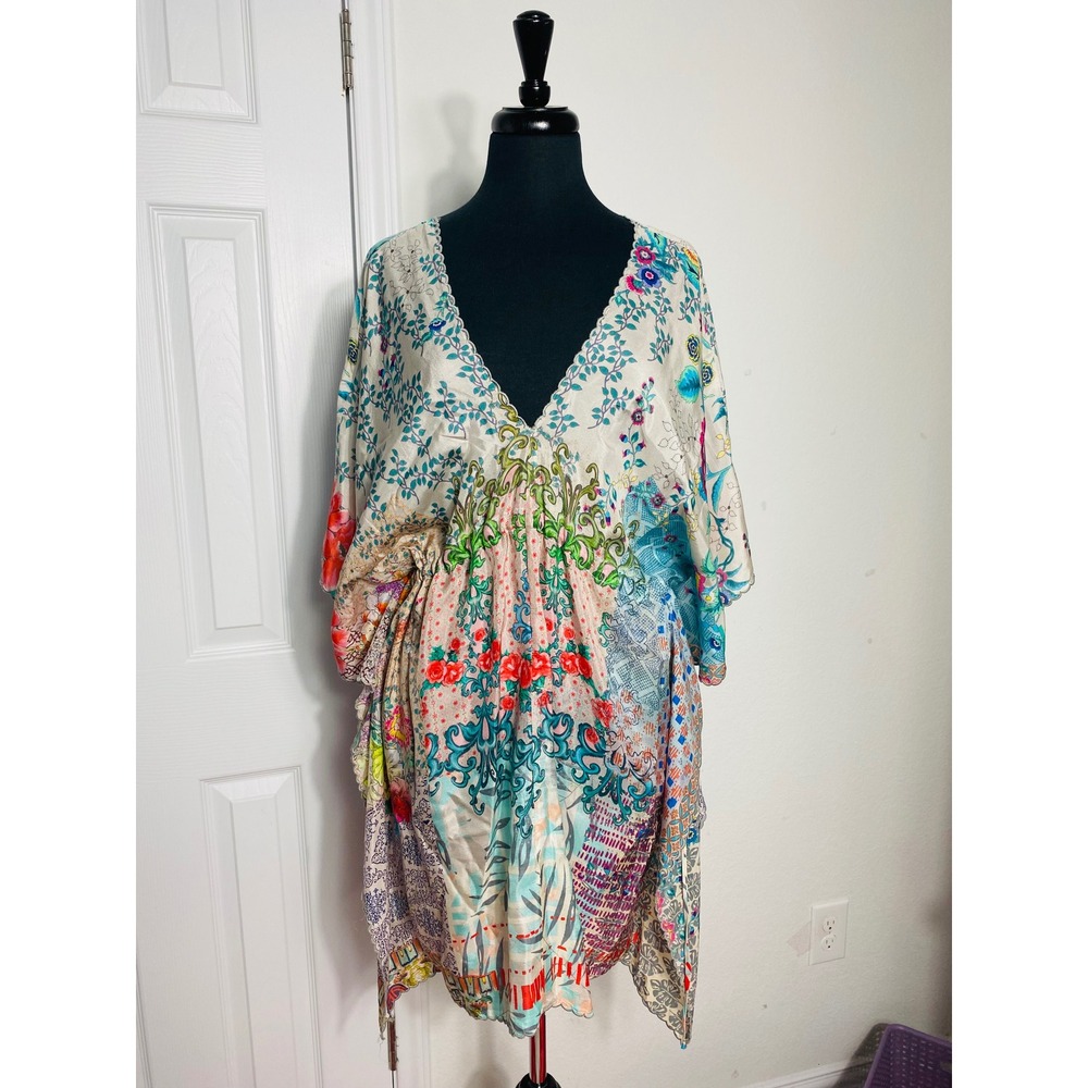 Johnny Was 100% Washable Silk Kimono Sz L Artsy Resort Cover Up Luxe Bohemian - Picture 13 of 14